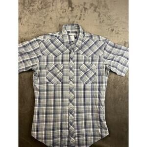 Wrangler Wrancher Pearl Snap Short Sleeve Blue Geometric Western Shirt Men's‎ M